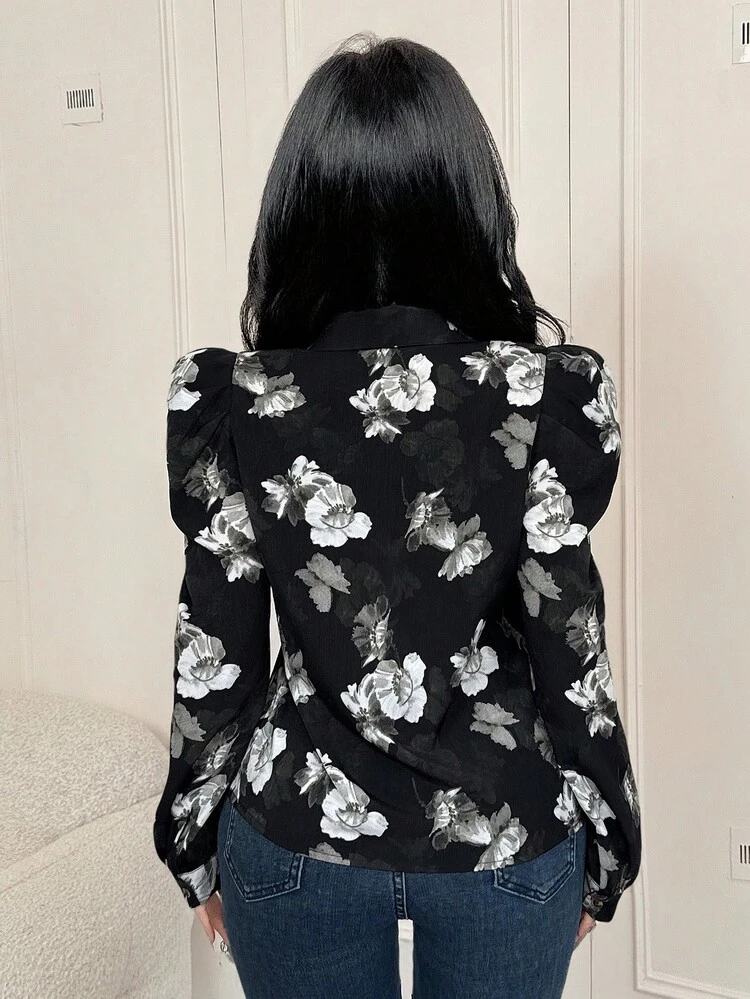 Floral Chiffon Balloon Sleeve Blouse For Women,Fall Women Clothes Long Sleeve Top