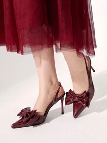 CUCCOO CHICEST Women's Pointed Toe Faux Leather Slip-On High Heel Pumps With Oversized Bow Design, Romantic And Elegant, Wine Red Color, Suitable For Dates, Tea Parties, And Parties For And Vibe And Spring Shoes Spring Break Easter Prom Heels - Burgundy - View 1