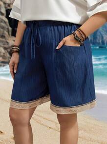 EMERY ROSE Plus Size Solid Color Patchwork Front Tie Pocket Casual Shorts,Boho For Women,Summer Outfits For Women/Summer,Vacation Outfits Woman,Summer Clothes - Navy Blue - View 1