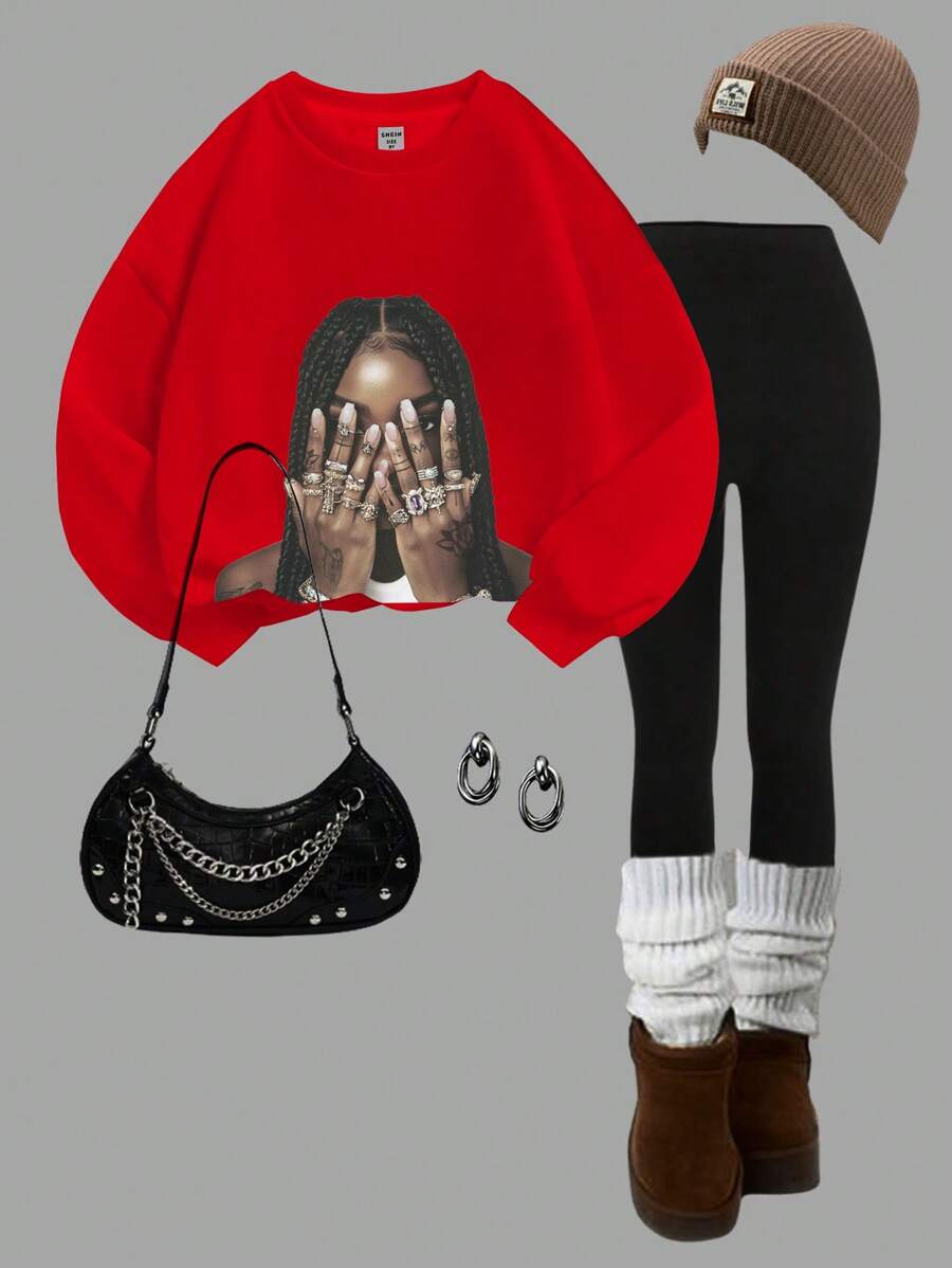 Slaydiva 2pcs/Set Loose Fitting Round Neck Skull Print Hoodie And Form-Fitting Leggings, Suitable For Autumn/Winter - Red - View 1