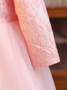 Glamorique Kids Baby Girl Lace Long Sleeve Tulle Puff Dress, Satin Wedding Flower Girl Dress, Christening Gown - Pink - View 5