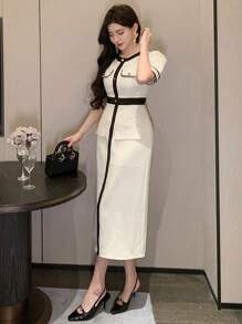 DAZY Vestido de mujer de longitud media en bloque de colores, con cuello redondo, mangas abultadas y botones. Vestido de fiesta o vestido de verano