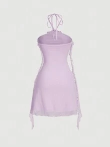 SHEIN MOD 淡紫色无袖荷叶边花卉装饰弹力针织网眼女式连衣裙 - 紫丁香色 - 查看 2