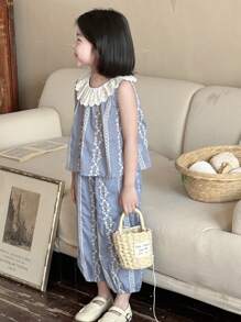 DAZY 2pcs Young Girl Solid Color Patchwork Round Neck Sleeveless Top And Long Pants Set,Girls Summer Outfits