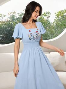 SHEIN Abito estivo casual da ragazza adolescente con ricamo floreale, vita arricciata e maniche a volant - celeste - Visualizzare 3