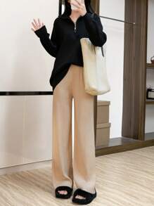 女士纯色松紧腰喇叭休闲针织裤