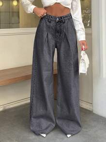 RueChic 100% Cotton HIGH WAIST WIDE LEG VINTAGE  JEAN - Dark Grey - View 1