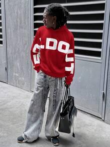 Manfinity VCAY Men's Oversized Letter Print Drop Shoulder Red Hoodie Sweatshirt - Burgundy - View 3