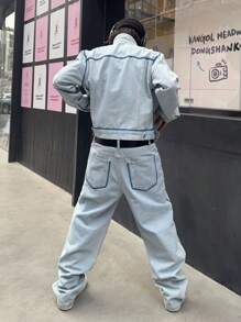 Manfinity EMRG Men's Casual Distressed Contrast Trim Denim Jacket And Pants Suit Set - Blue - View 2