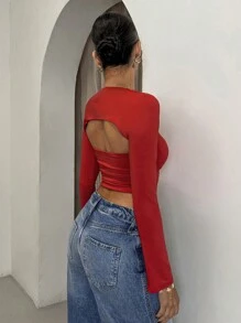 Glamine 2 Pieces Sets Red Color Cut Out  Long Sleeve Crop Top,Going Out T-Shirt,Basic Top,Date Night Outfits,Rave Outfits Festival,Valentine's Day T-Shirt