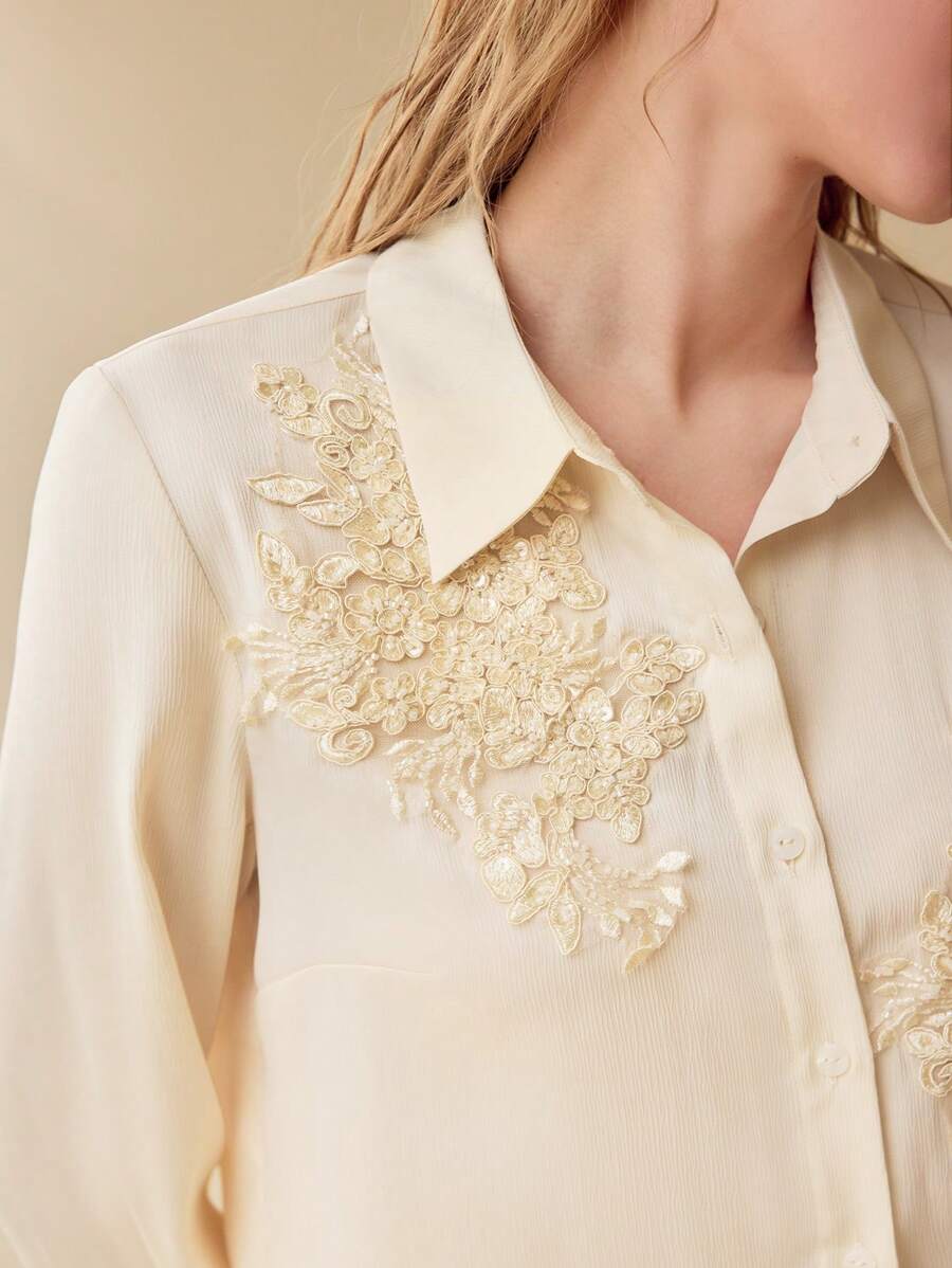 MOTF PREMIUM Camisa abotonada con parches florales - Champán - Ver 2