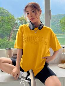 SHEIN EZwear 夏季上衣 粉色纯色字母压花落肩 T 恤 - 芥末黃 - 查看 4