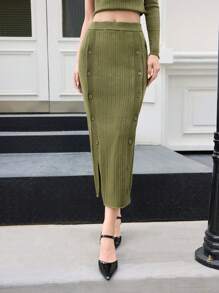 BizChic Women's Green Button Slit Knitted Sweater Skirt, Elegant Holiday Romantic Commute, Date Suitable, Spring/Summer - Army Green - View 5