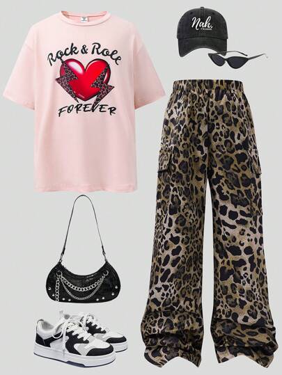 SHEIN Explorewe Conjunto de top de manga corta con gráfico de corazón y letra talla grande pantalones estampados de leopardo para niñas preadolescentes