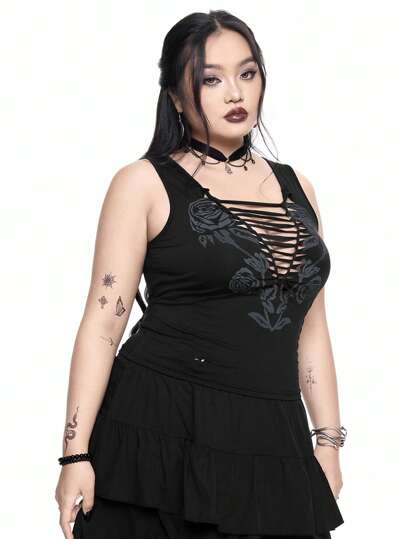 Débardeur ajusté à dos croisé lacé perforé avec imprimé rose pour femmes grandes tailles