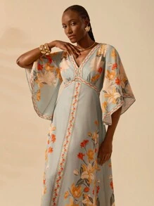 CAJUNI 女士波西米亚风热带花卉印花深 V 领荷叶边袖连衣裙，度假休闲夏季连衣裙 - 彩色 - 查看 3