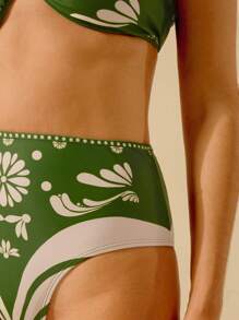 CAJUNI Women's Boho Green Print Holiday Casual Beach Swimming Halter Strap Swimwear Top And Bottom Bikini Two-Piece Set For Summer Beach Vacation