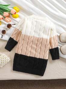 SHEIN Baby Girl Cozy Contrast Striped Knit Dress, Warm & Comfortable For Winter - Apricot - View 2