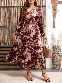 SHEIN Plus Size Velour Floral Waisted Mid-Length Casual Regular Dress, Autumn/Winter Fall Cloth For Women - Multicolor - View 1
