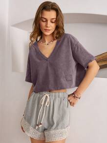 Bohemela Boho V-Neck Drop Shoulder Short Sleeve Women T-Shirt - Purple - View 5