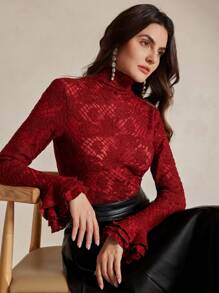 Anewsta Crochet Hollow High Collar Asymmetrical Ruffle Cuff Fitted Crochet Top - Red - View 5