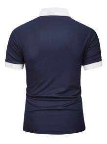 Manfinity Homme 男士纯色拼布短袖印花休闲 Polo 衫 - 寶藍色 - 查看 2