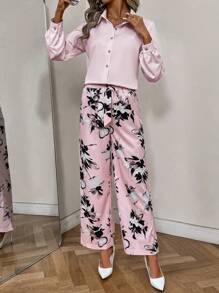 SHEIN Clasi Women 2 Pieces Set Casual Solid Long Sleeve Shirt And Printed Long Pants Outfit Fall Cloth For Women - Pink - View 3