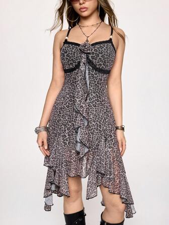 Grunge Punk Vintage Slip-Kleid mit Leopardenmuster, Kontrastmesh, Spitzenbordüre und Rose, asymmetrisches Mini-Kleid für Damen