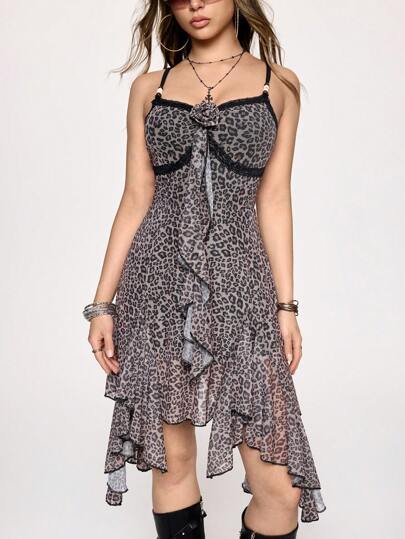 Grunge Punk Vestido mini asimétrico para mujer con combinación de leopardo, tul y encaje vintage