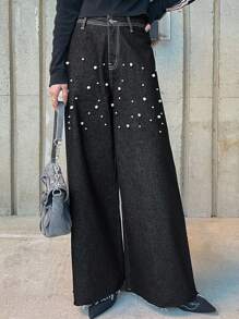 FRIFUL Women's Black Washed Denim Jeans With Pearl Decor, Spring/Summer - Black - View 1
