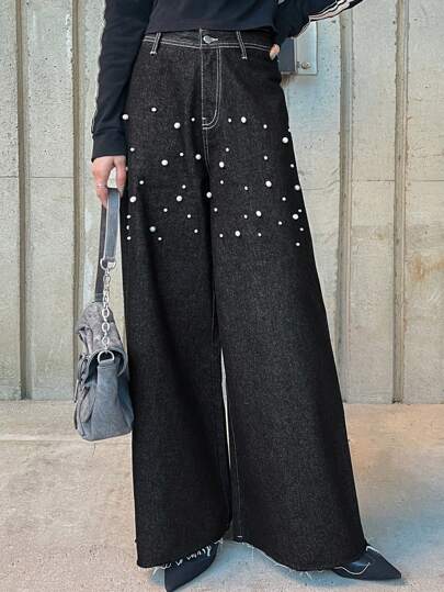 FRIFUL Women's Black Washed Denim Jeans With Pearl Decor, Spring/Summer