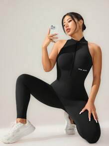 Cheerettes 女士字母印花拉链半襟连体裤 - 黑色 - 查看 4