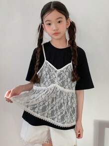 DAZY 2pcs/Set Tween Girl Solid Color Lace Camisole & Short Sleeve Top - Black and White - View 8
