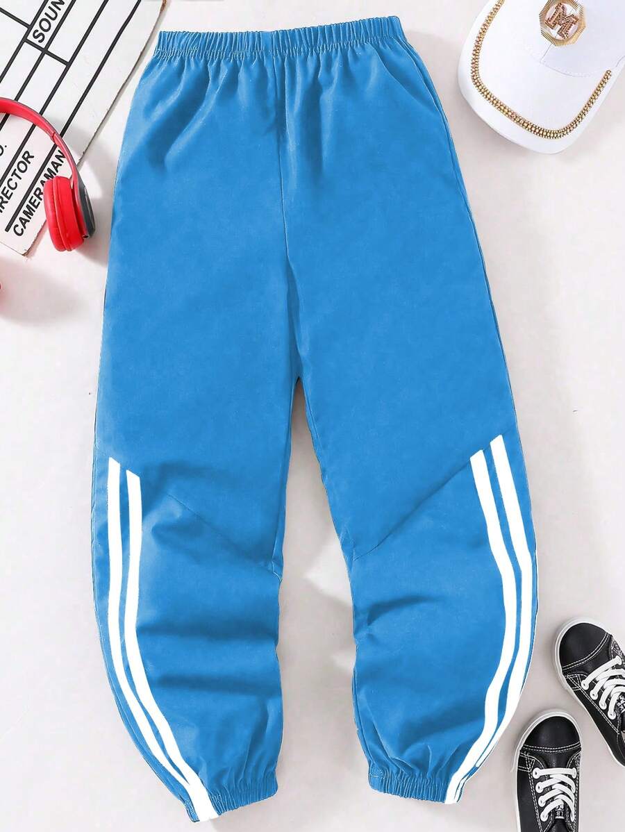 SHEIN Tween Boys' All-Match Versatile Side Asymmetrical Stripe Print Pants - Multicolor - View 1