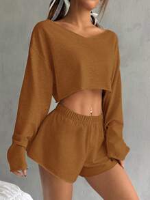 Bộ 2 món áo dài tay tối giản và quần short thường ngày cho bé gái tuổi teen, bộ đồ hai mảnh - màu nâu - Xem 5