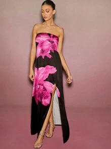 L'Amorae 夏季女装，女装，女士优雅无袖大粉色花朵图案黑色开衩长裙，女式连衣裙，夏季女式连衣裙，派对女式连衣裙，优雅女式连衣裙，正式女式连衣裙。正式女式连衣裙，长裙，度假。适合约会之夜、音乐会、表演、派对、俱乐部、音乐节、度假 - 紅色和黑色 - 查看 3