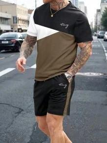 Manfinity CasualCool Men's Contrast Color Letter Print Short Sleeve T-Shirt & Shorts Set - Multicolor - View 3