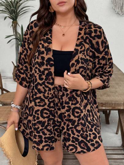 SHEIN VCAY 2 peças Conjunto Plus Size Jaqueta de Manga Curta Estampa de Leopardo, Casual e da Moda para o Uso Diário