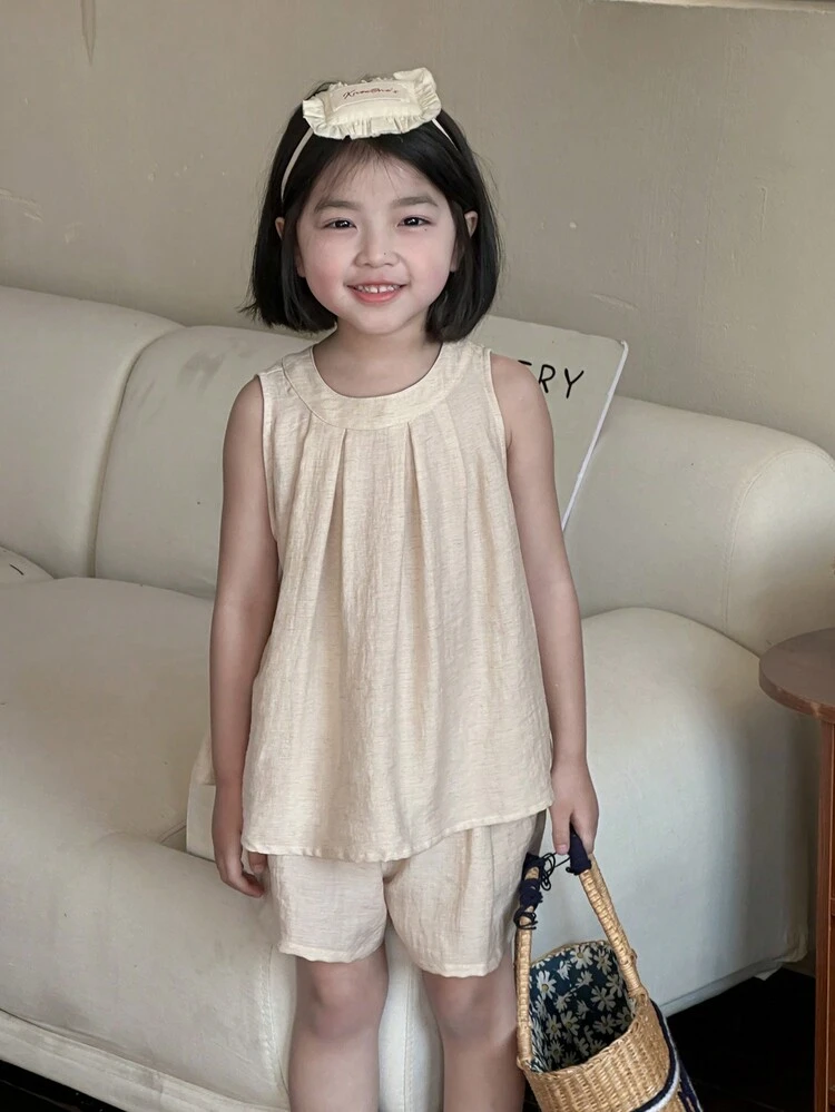 2pcs/Set Young Girl Solid Color Round Neck Pleated Vest And Shorts,Girls Summer Outfits Vacation