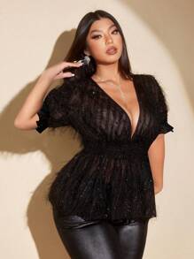 Viva Relle Blusa con escote en V profundo, mangas abullonadas y flecos, de moda y sexy, talla grande