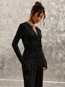 COSMINA Women Casual Solid Color Fitted Long Sleeve T-Shirt - Black - View 6