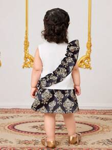 SHEIN Leap Crew Baby Girl Floral Print Summer Vacation Elegant Cute Short Sleeve Top And Mini Skirt Set - Black and White - View 2