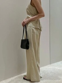 DAZY Set de 2 piezas con top tipo camiseta con lazo y pantalones de pierna ancha, conjunto de ropa de descanso para mujer para primavera, verano y otoño - Albaricoque - Ver 2