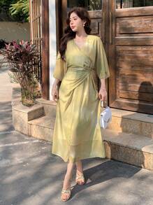 DAZY 一件装女士V领系带中长连衣裙，通体印花，适合度假穿着，复活节女装 - 綠色 - 查看 5