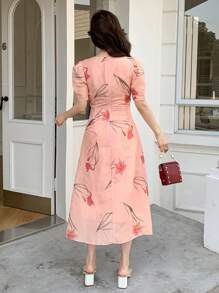 DAZY V-Neck Floral Print Puff Sleeve Pleated Ruffle Hem Mid-Length Dress For Women Sundress,Casual Women Dresses Easter - Pink - View 2