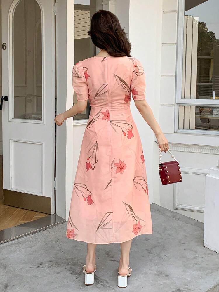 V-Neck Floral Print Puff Sleeve Pleated Ruffle Hem Mid-Length Dress For Women Sundress,Casual Women Dresses Easter