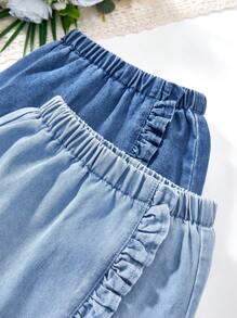 SHEIN 2 件套年轻女孩海军蓝和浅蓝色牛仔短裙短裤，女童春夏休闲度假乡村波西米亚风装，女童复活节沙滩装