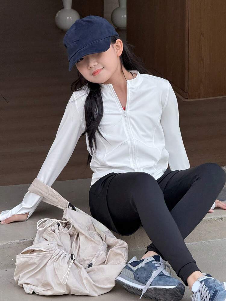 Tween Girl Solid Color Long Sleeve Zip-Up Top And Long Pants 2 Pieces Set, Casual And Stylish For Daily Wear,Back To School Clothes Fall,Winter