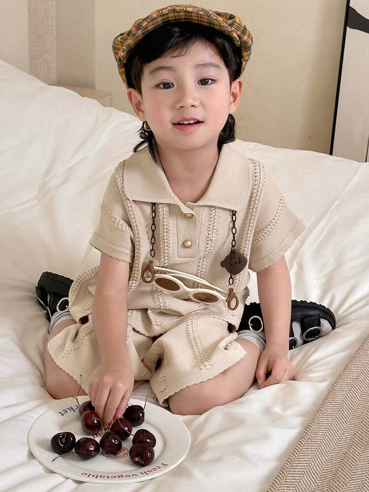 Young Boy Solid Color Short Sleeve Top And Shorts, Simple Fashion Casual Daily Knit Set