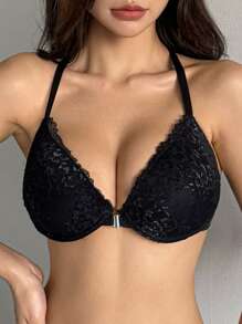 DAZY 女士蕾丝挂脖前扣塑形聚拢文胸内衣 - 黑色 - 查看 3